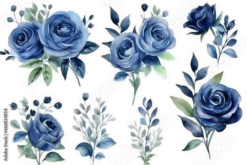 Watercolor navy blue floral clip art with bouquet roses  suitable for various printing designs. Hand-painted arrangement isolated on white background. Generative AI