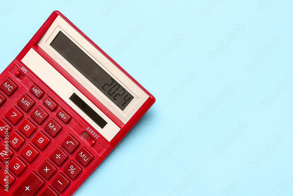 Calculator with number 2024 on blue background Calculator with number 2024 on blue background