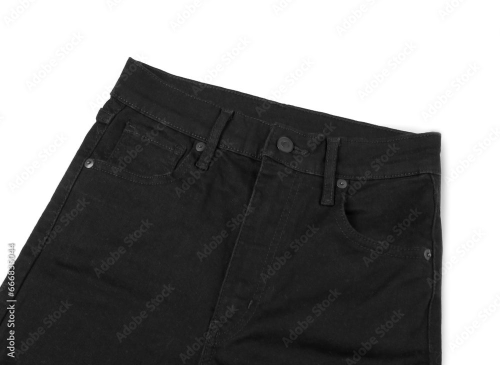 Stylish black jeans isolated on white, top view Stylish black jeans isolated on white, top view