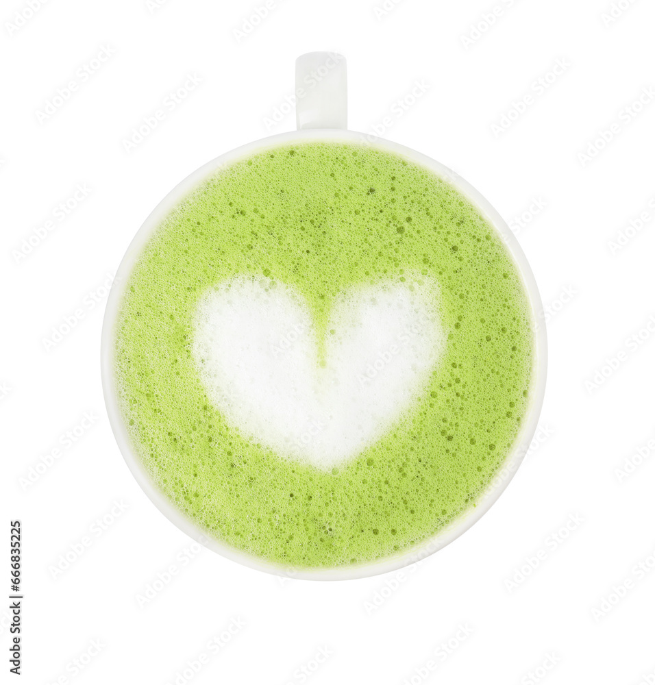 Cup of tasty matcha latte isolated on white, top view Cup of tasty matcha latte isolated on white, top view