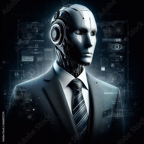 3d rendering humanoid robot in suit and tie with futuristic technology background