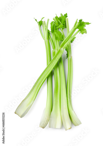 Fototapeta Naklejka Na Ścianę i Meble -  Fresh stalks of celery isolated on white, top view