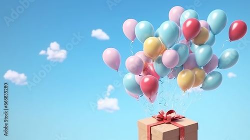 Gift box with colorful balloons on blue sky background. 3D Render