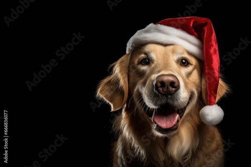 golden retriever Wearing a Christmas Hat isolated in black background © d-AI-n