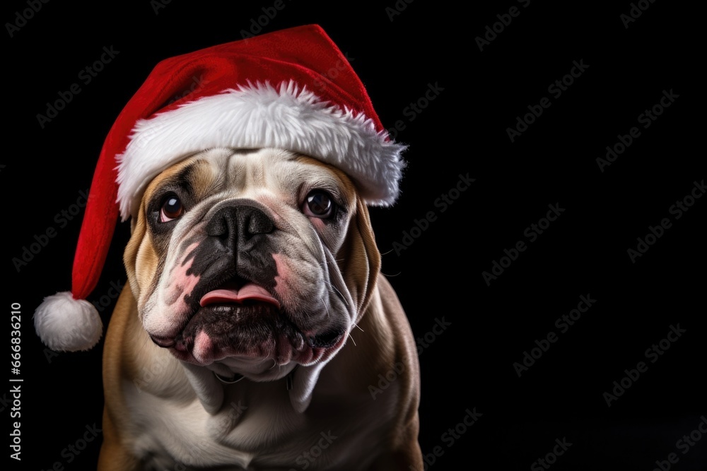 Beautiful Bulldog with a Christmas hat on a black background