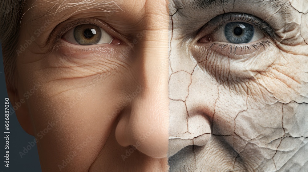 Split image of a person face healthy and dry skin - obrazy, fototapety, plakaty 