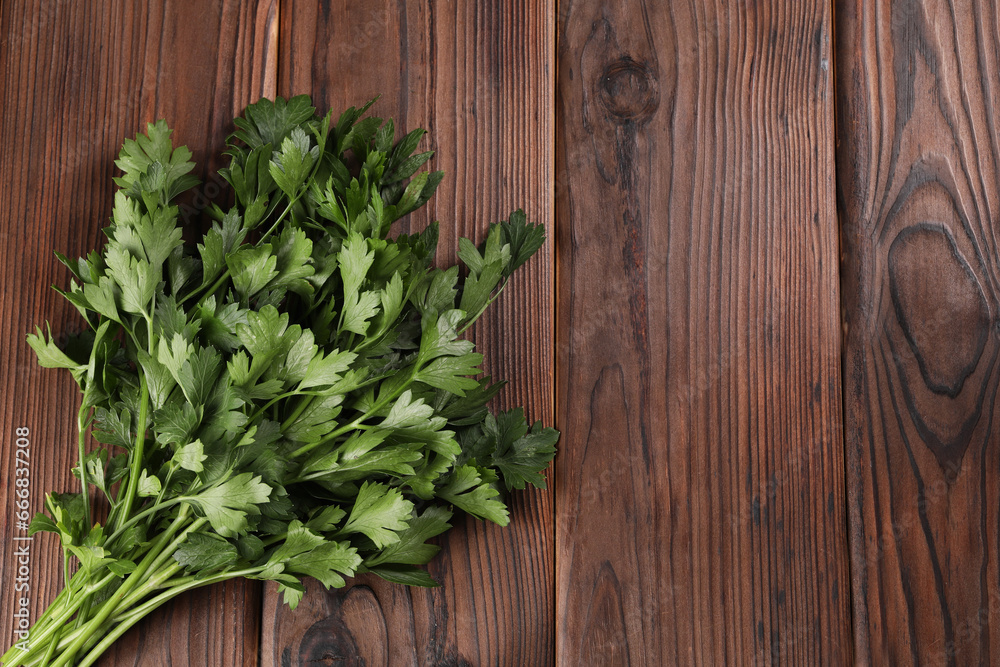 Bunch of fresh green parsley leaves on wooden table, top view. Space for text Bunch of fresh green parsley leaves on wooden table, top view. Space for text