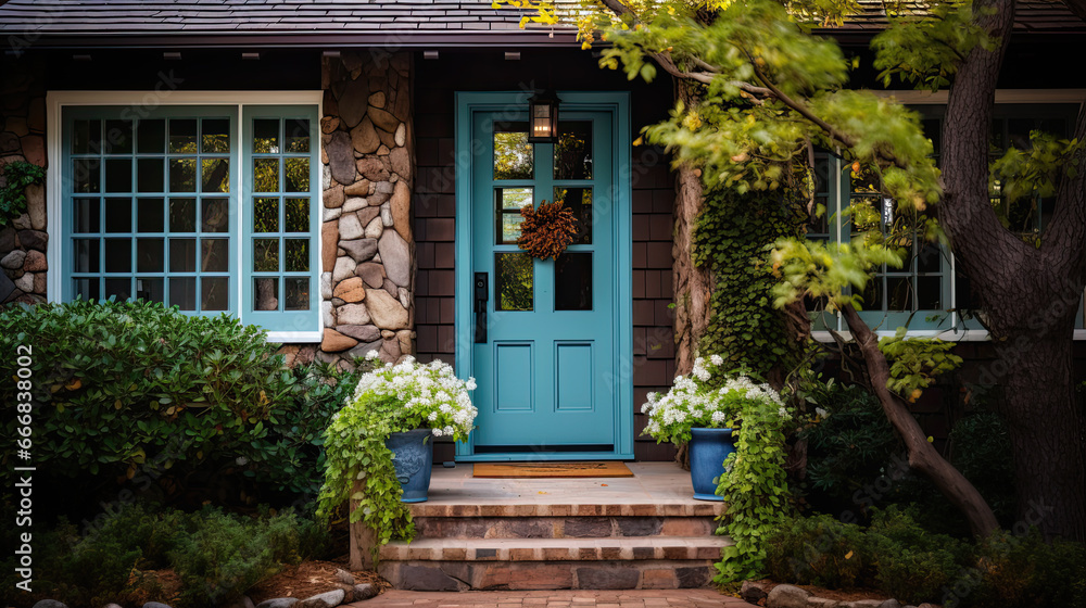 A detail of a front door on home with stone and white bricking siding, beautiful landscaping, and a colorful blue - green front door. - obrazy, fototapety, plakaty 