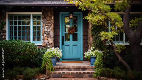 A detail of a front door on home with stone and white bricking siding, beautiful landscaping, and a colorful blue - green front door. photo