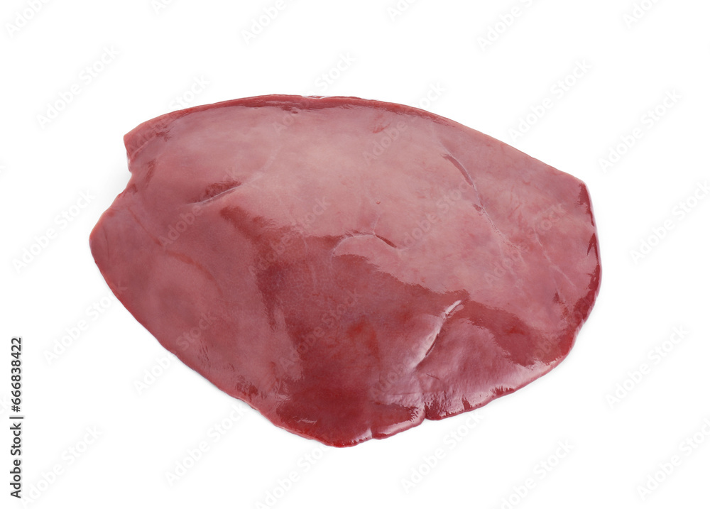 Piece of raw beef liver isolated on white, above view Piece of raw beef liver isolated on white, above view