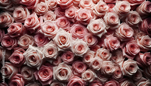 Entire frame dominated by a sea of pink roses  showcasing their delicate petal