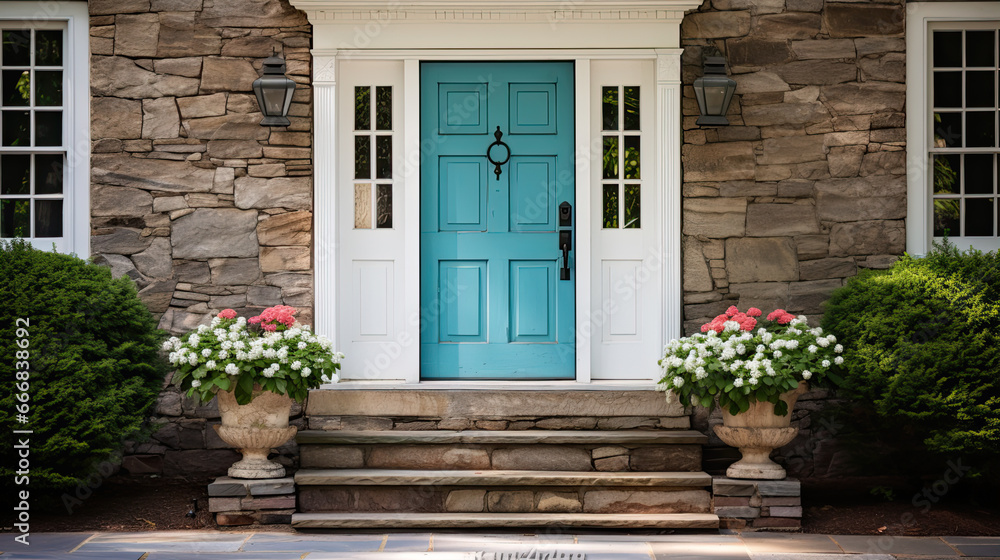 A detail of a front door on home with stone and white bricking siding, beautiful landscaping, and a colorful blue - green front door.