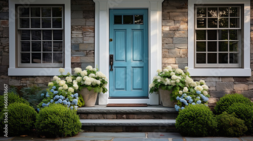 A detail of a front door on home with stone and white bricking siding, beautiful landscaping, and a colorful blue - green front door. photo