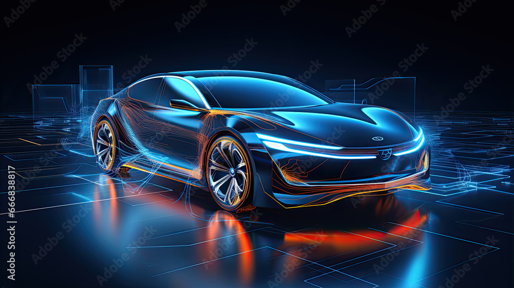 a futuristic electric car with a holographic wireframe digital technology background.