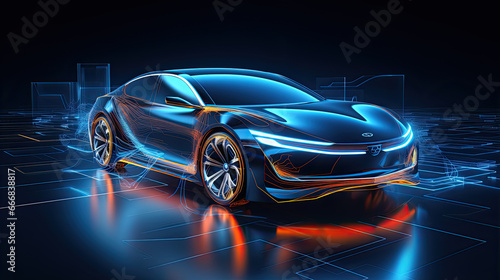a futuristic electric car with a holographic wireframe digital technology background. © Ziyan Yang