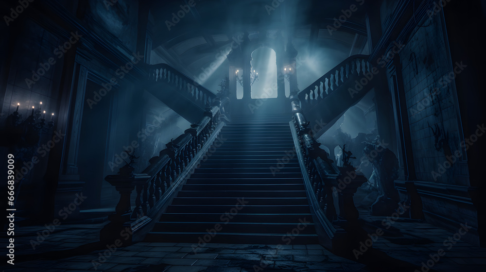 A spooky mansion at night. Spooky staircase with fog and a glowing ghostly apparition. . - obrazy, fototapety, plakaty 
