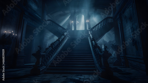 A spooky mansion at night. Spooky staircase with fog and a glowing ghostly apparition. . photo