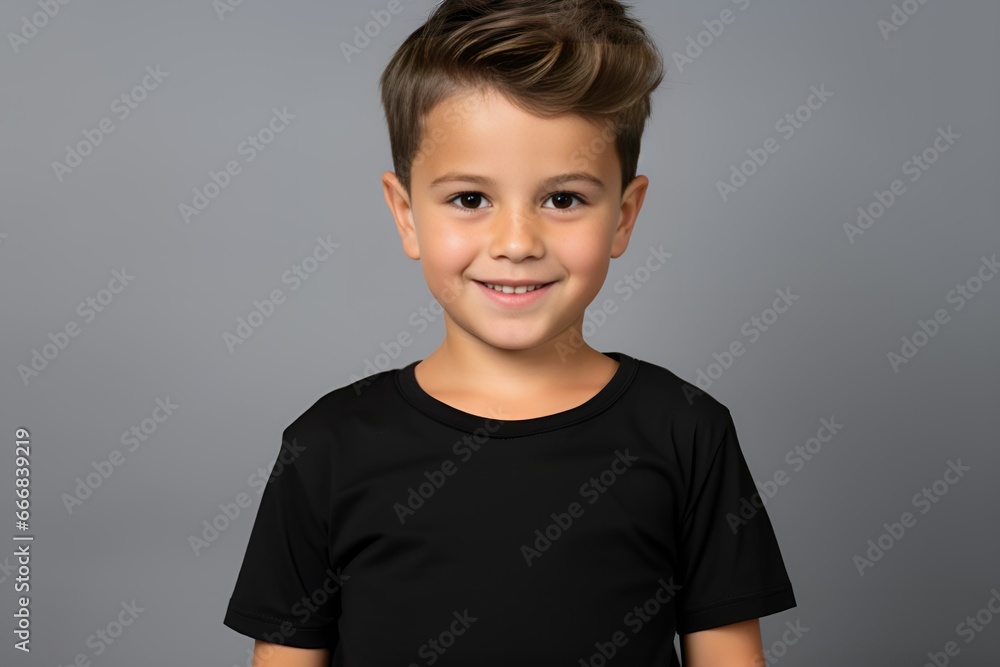 Portrait of a happy young fictional child smiling. Little boy wearing a black blank t-shirt. Isolated on a plain colored background. Generative AI. Portrait of a happy young fictional child smiling. Little boy wearing a black blank t-shirt. Isolated on a plain colored background. Generative AI.