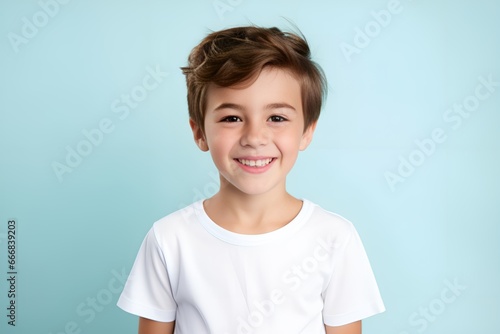 Portrait of a happy young fictional child smiling. Little boy wearing a white blank t-shirt. Isolated on a plain colored background. Generative AI.