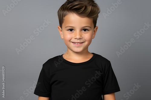 Portrait of a happy young fictional child smiling. Little boy wearing a black blank t-shirt. Isolated on a plain colored background. Generative AI.