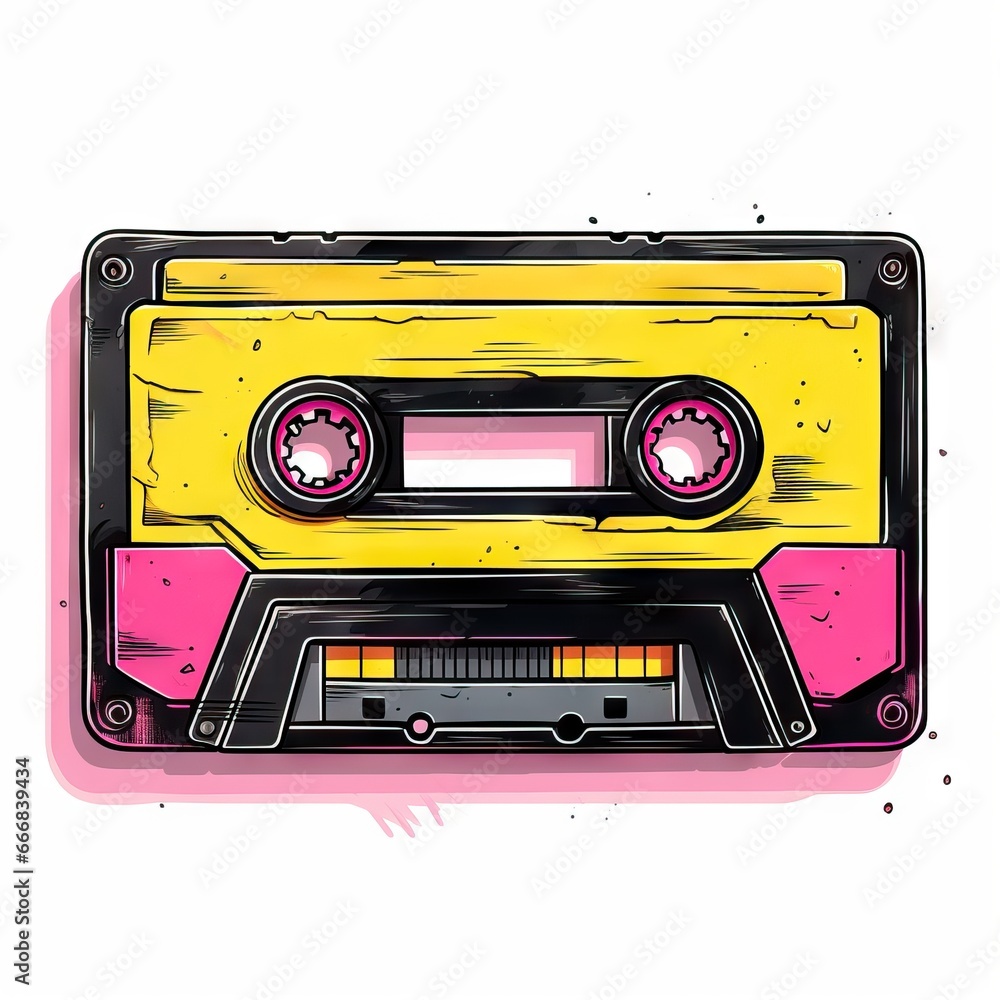 Naklejka premium Retro vintage audio cassette on white background. Retro cassette tape. Simple graphic element for design card, poster, banner. Oldschool, 70's, 80's music concept
