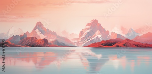 Landscape with frozen mountains reflecting in the waters of a lake  digital illustration. Generative AI