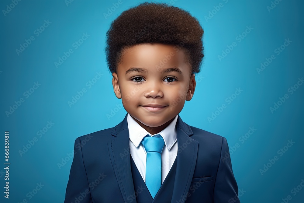Illustration of a child dressed in a suit, blue background, professions concept. Generative AI Illustration of a child dressed in a suit, blue background, professions concept. Generative AI