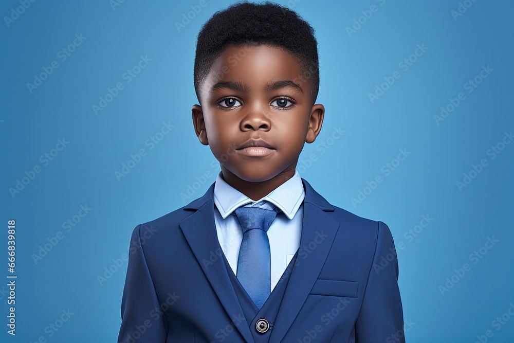 Illustration of a child dressed in a suit, blue background, professions concept. Generative AI Illustration of a child dressed in a suit, blue background, professions concept. Generative AI