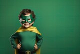 Illustration of a child dressed in a superhero costume, concepts of dreams and imagination. Generative AI