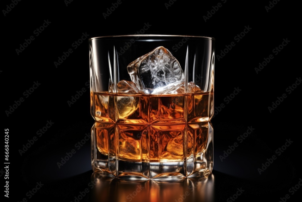 Digital illustration of glass with ice and whiskey, black background. Generative AI Digital illustration of glass with ice and whiskey, black background. Generative AI