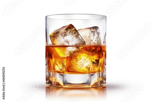 Digital illustration of glass with ice and whiskey, white background. Generative AI