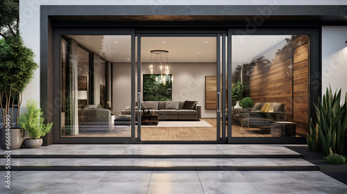 Aesthetic home entrance with large glass sliding doors with lots of copy space