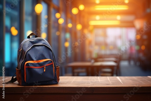 Digital illustration of backpack for studying, bokeh background, concept of primary school and knowledge. Generative AI photo