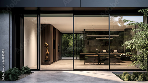 Aesthetic home entrance with large glass sliding doors with lots of copy space photo