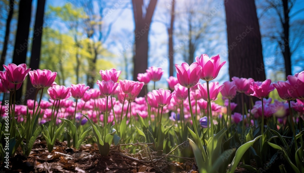 Nature landscape with many beautiful tulips in the middle of the forest, trees and sun rays. Generative AI Nature landscape with many beautiful tulips in the middle of the forest, trees and sun rays. Generative AI