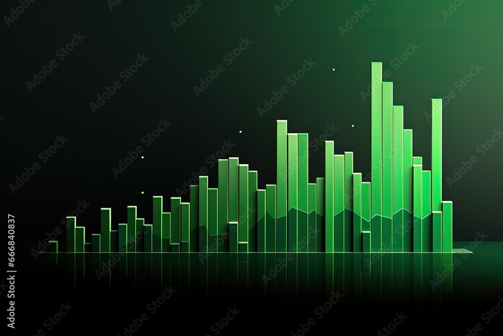 Green bar chart illustration, black background, stock exchange analytics concept. Generative AI