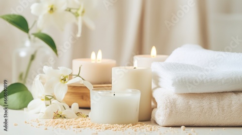 Beautiful spa treatment composition such as Towels  candles  essential oils  Massage Stones on light wooden background. blur living room  natural creams and moisturizing Healthy lifestyle  body care