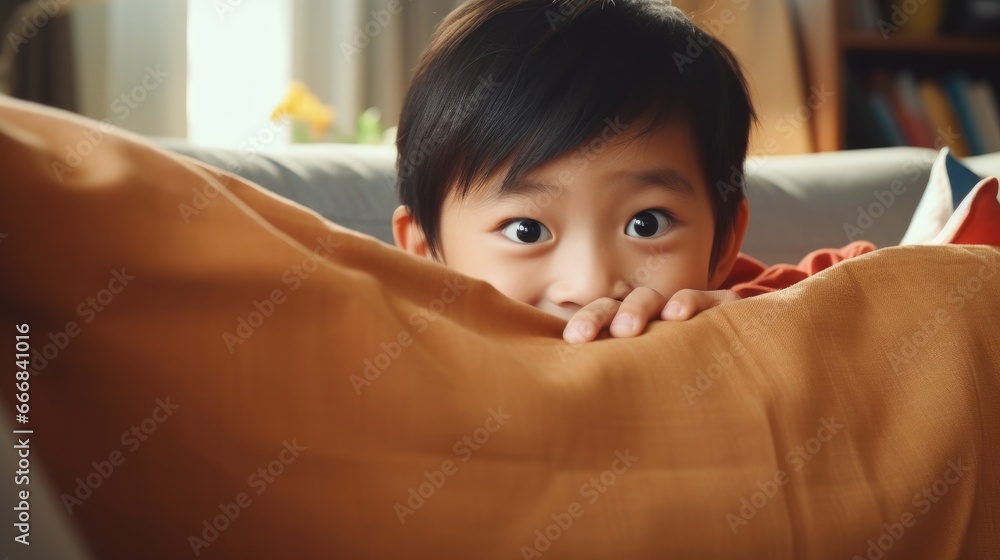 little asian children kid playing hide and seek standing behind the sofa, Adorable child having fun in the home. happy family have fun with kids, activity, learning, activity, game, meditation little asian children kid playing hide and seek standing behind the sofa, Adorable child having fun in the home. happy family have fun with kids, activity, learning, activity, game, meditation