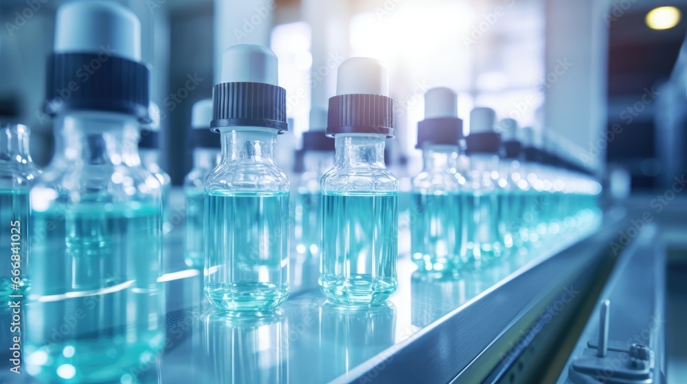 Medical vials on production line at pharmaceutical factory, Pharmaceutical machine working pharmaceutical glass bottles production line, health care, pandemic Medical vials on production line at pharmaceutical factory, Pharmaceutical machine working pharmaceutical glass bottles production line, health care, pandemic