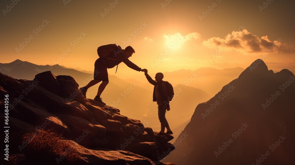 Fototapeta premium silhouette photo, Teamwork with man helping friend reach the mountain top, Business team, Goal, AIM, Successม freedom, motivation, leader.