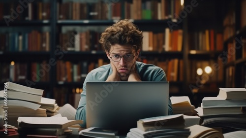 student man research sample exam by tablet, male prepare for test and learning lessons in the library. stress, despair, haste, misunderstanding reading, discouraged, expectation, knowledge