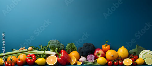 A banner of bright fruits and vegetables on a lively blue background with ample space for text or design elements,