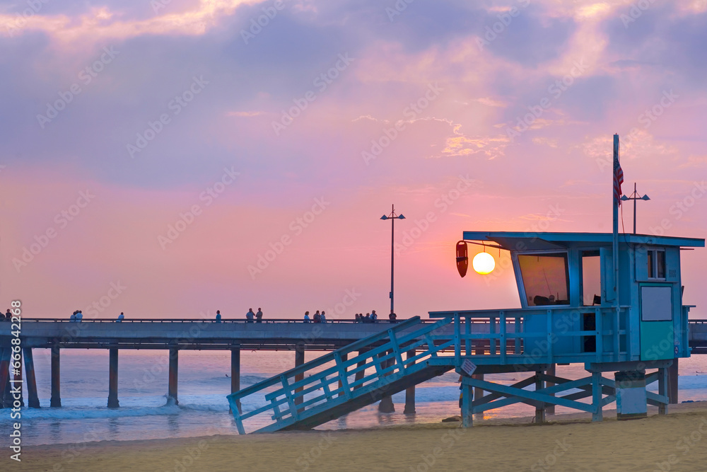 Venice Beach California with lifeguard station at sunset 