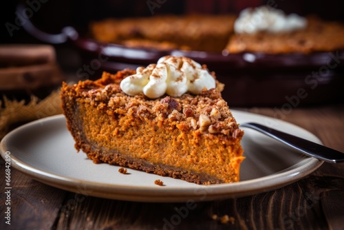 Homemade pumpkin pie with cinnamon and decorated with whipped cream on wood rustic background. Organic dessert ready to eat with cup of coffee or tea. Classic autumn Thanksgiving pastry tart