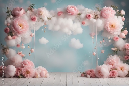 Peony Baby Digital Backdrop Photography Background Cake Smash Pastel Pink Backdrop Balloons Overlays Floral Baby Shoots Birthday Party Prop