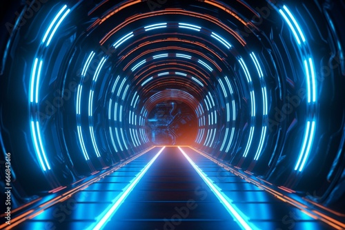 Illustration of a futuristic neon tunnel in 4k resolution. Generative AI