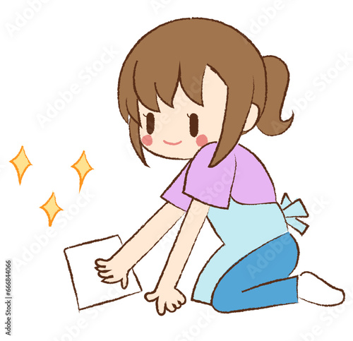 掃除する保育士