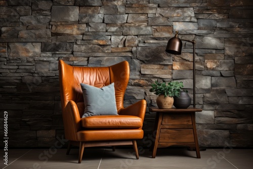 Rustic Minimalist Living Room - Orange Leather Wing Chair Against Textured Stone Wall in Modern Interior Design