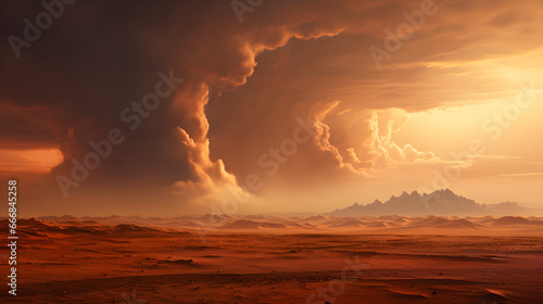 The red sands of Mars, with the towering Olympus Mons in the distance, witness a sunset casting long shadows and a dust storm on the horizon, photo