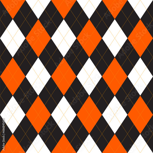 Seamless black orange and white argyle pattern with lines ,diamond shapes background. plaid vector illustration.
